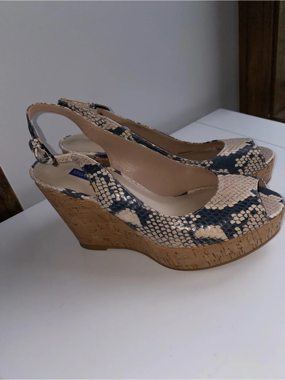 NEW Stuart Weitzman Snakeskin Cork Wedge Platform Sling backs, Size 5.5